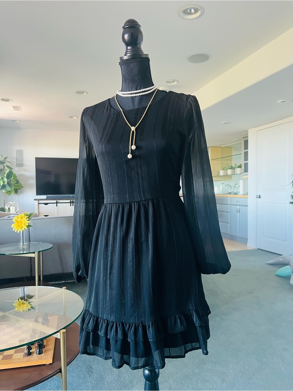 Elegant Black Long-Sleeve Ruffle-Hem Dress